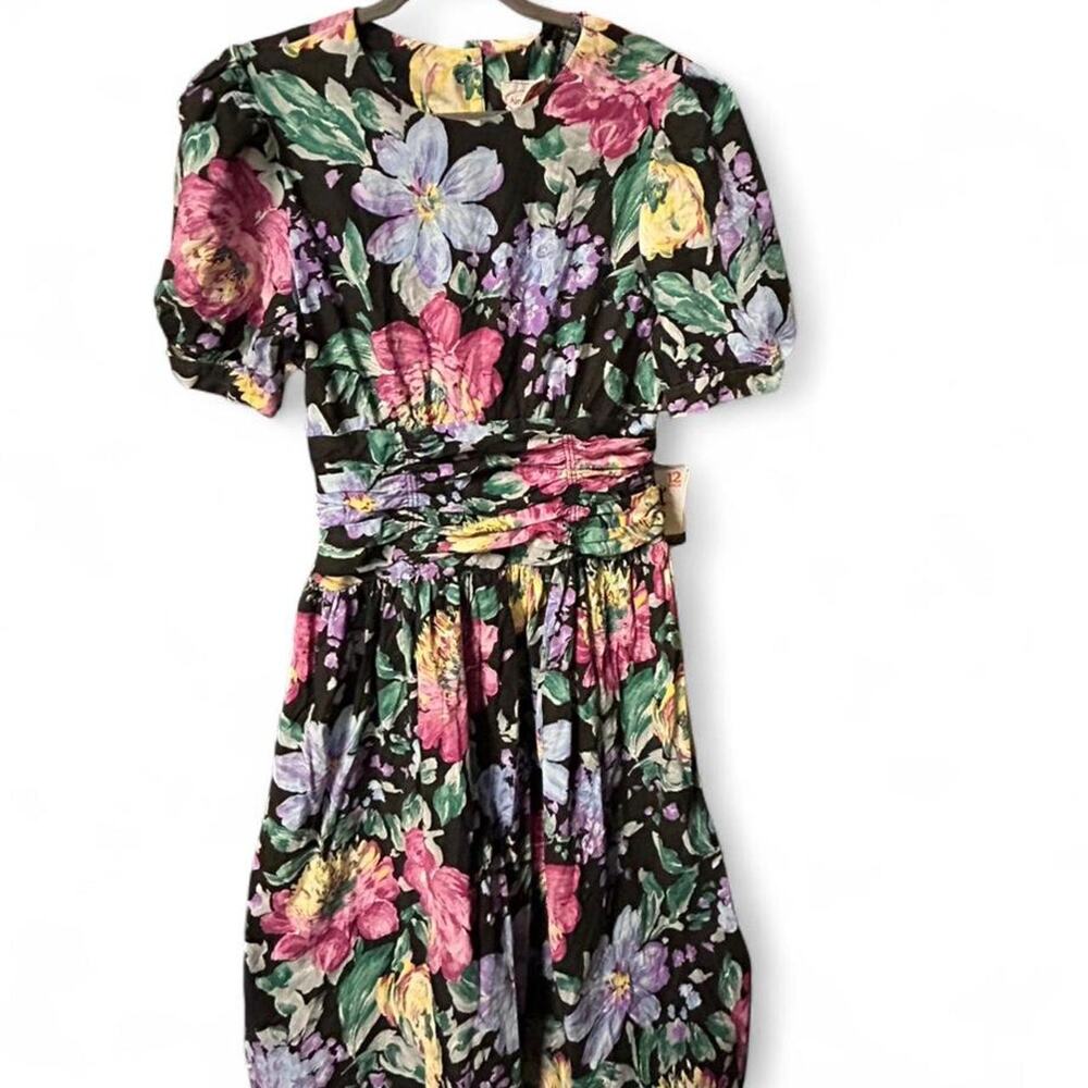 Medium vintage 80s Black floral print wrap dress with ruched waist